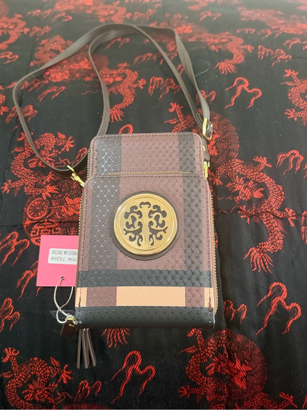 FASHION-Brown Patterned Crossbody Phone Bag with Decorative Medallion